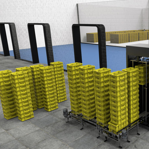 Illustration of robots moving pallets in a manufacturing plant